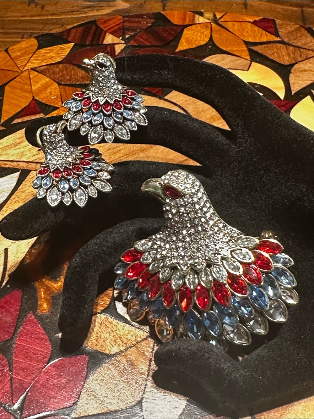 Sold Heidi Daus Red, Blue & Silver Eagle Brooch and Earrings Set
